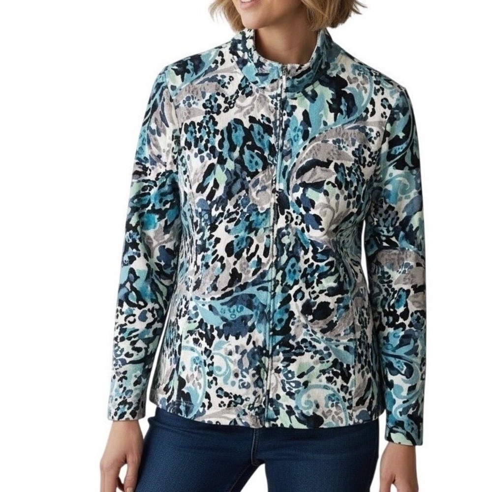 Alfred Dunner Womens Blue Teal Mixed Print Full Zip Mock Neck Jacket Size 14
